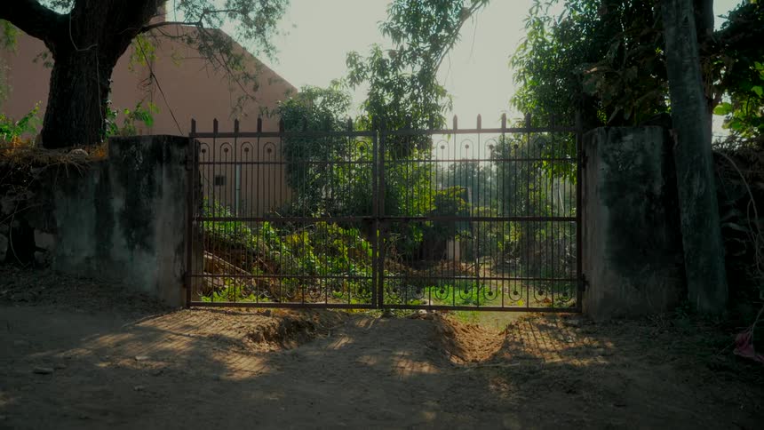 A still shot of a weathered, locked iron gate leading to an overgrown, mysterious yard in the warm light of day