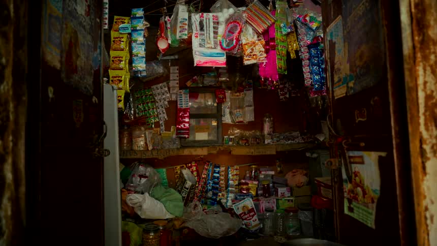 A slow zoom into a tiny, cluttered hole-in-the-wall convenience shop in India, packed with various snacks and goods