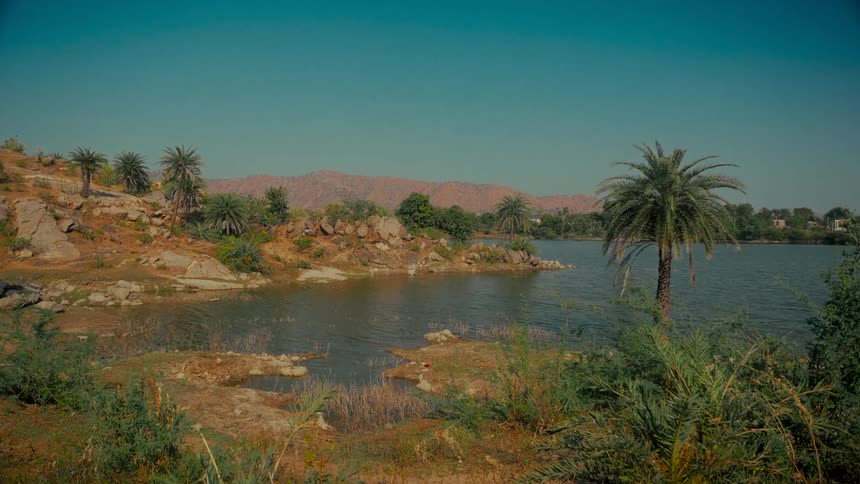 A peaceful view of a lake surrounded by a rocky, arid landscape with palm trees and distant mountains