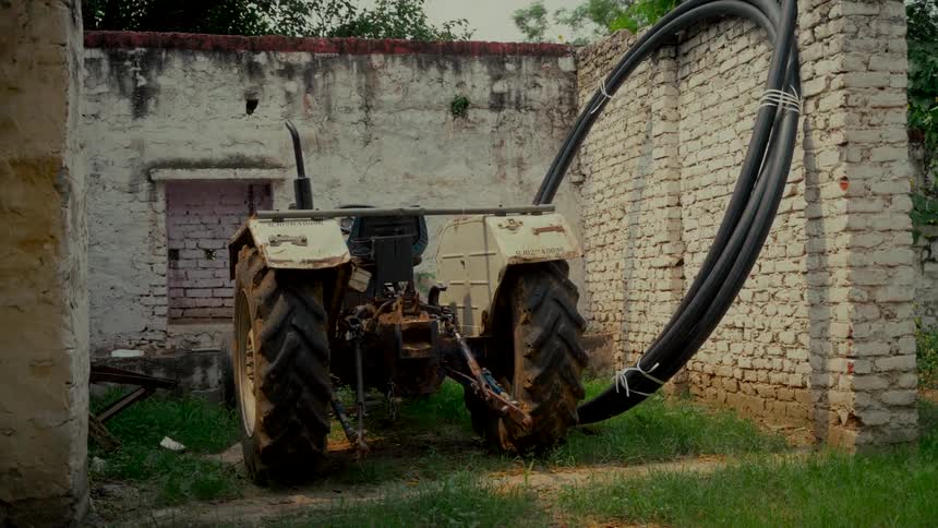 An old white tractor is parked in a grassy rural courtyard next to a coil of black pipes and weathered brick walls