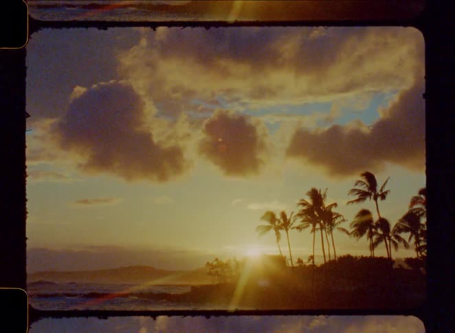 Vintage 8mm film captures a golden tropical sunset over the ocean with silhouetted palm trees swaying in the wind