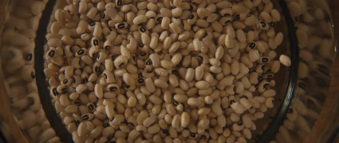 A hand gently washes a bowl of black-eyed peas in slow motion, followed by more dry peas falling into the bowl from above