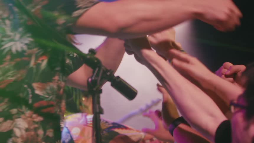 Fans wearing pride wristbands reach out and fist bump a musician during an energetic live concert