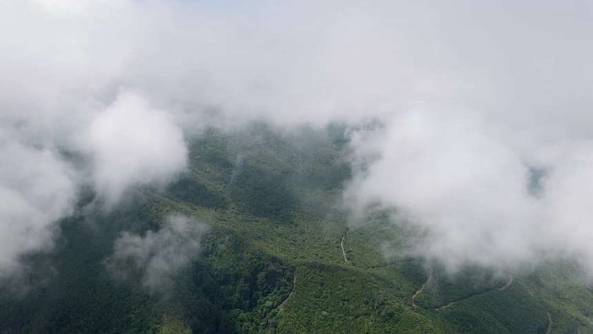 A static aerial shot from above the clouds shows a winding road on a lush green mountain range