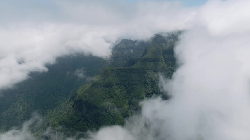 A serene high-angle view captures a lush green mountain range peeking through a thick blanket of slow-moving clouds