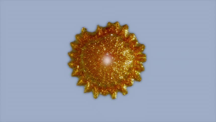 An abstract animation of a golden, glittery sun-like object expanding and pulsating against a light blue background