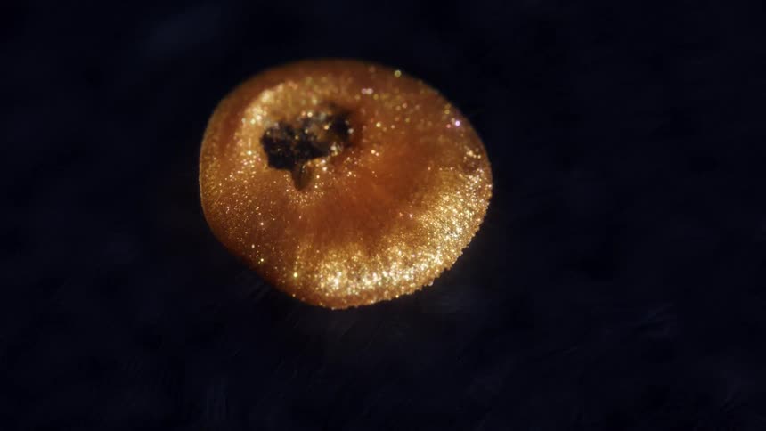 A mesmerizing macro shot of a sparkling golden glitter blob on a dark textured surface