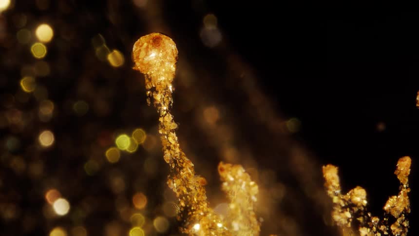 Intricate golden crystal formations grow slowly in a magical abstract display against a sparkling bokeh background