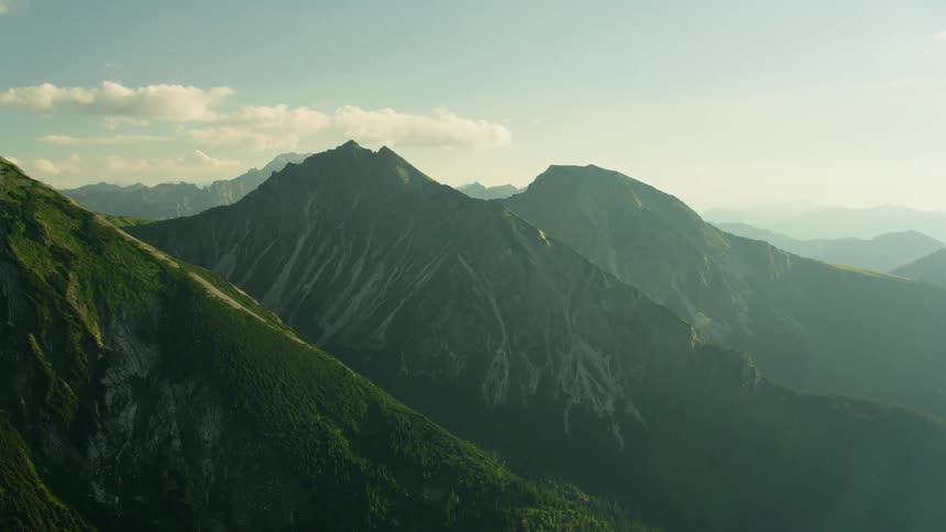 The row of mountains are covered with green and fog