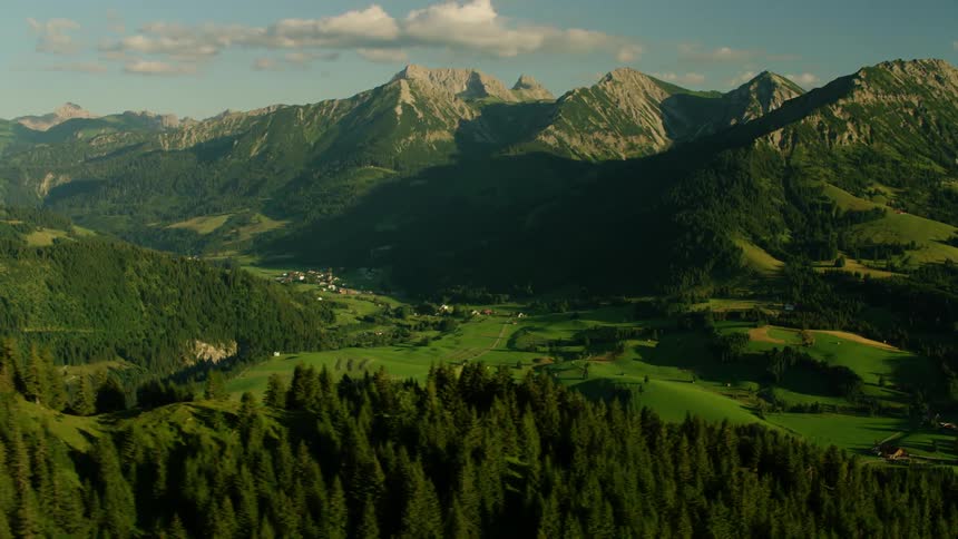 The tall mountains have many trees on top