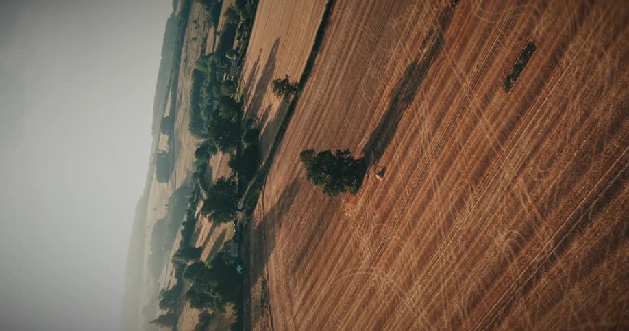 A slow, rotating vertical aerial view reveals a picturesque countryside landscape with golden harvested fields and long tree shadows at sunrise