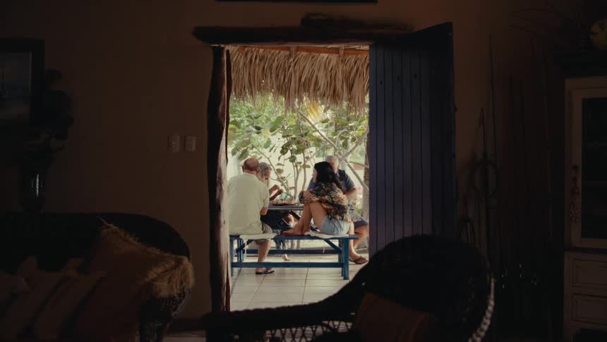 Family and friends gather for a meal on a bright, plant-filled patio with a thatched roof, viewed from inside the home