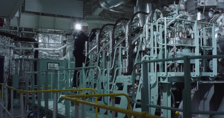 A marine engineer in a hard hat inspects the large main engine of a ship in the brightly lit engine room