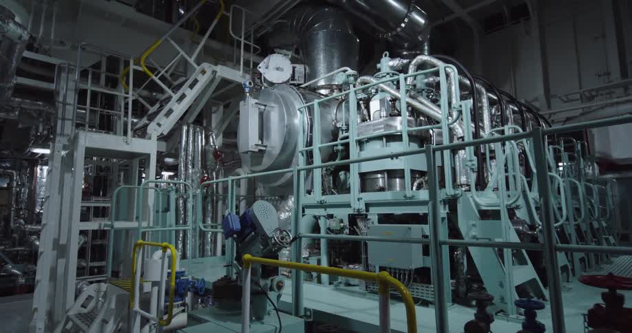 Slow pan across a large, modern main engine in the clean and organized engine room of a ship