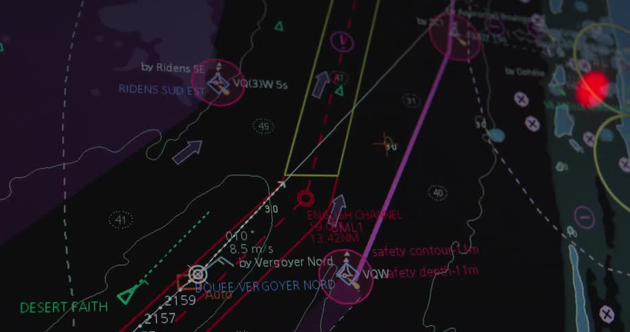 A close-up view of a ship's ECDIS navigation screen showing the vessel's route through the English Channel