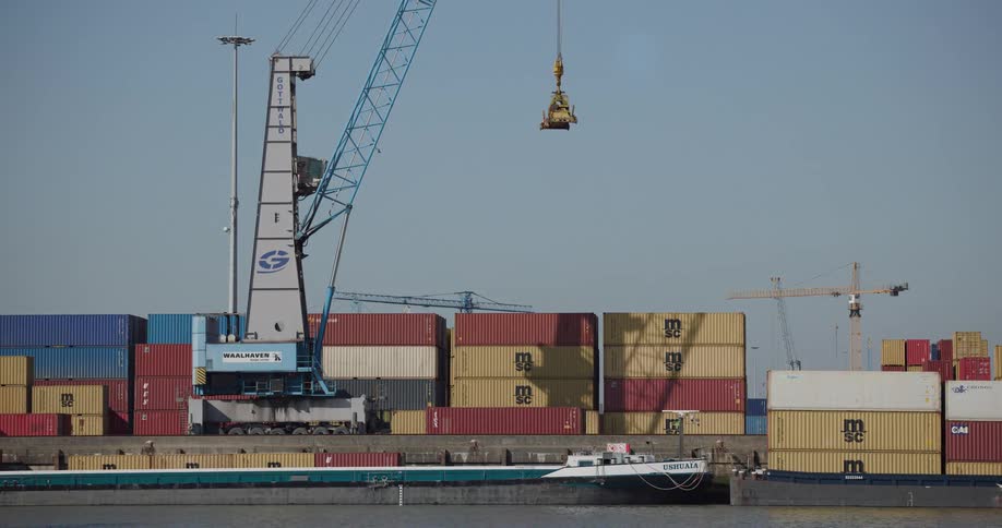 A static view of a massive crane and colorful shipping containers at a busy port terminal on a sunny day