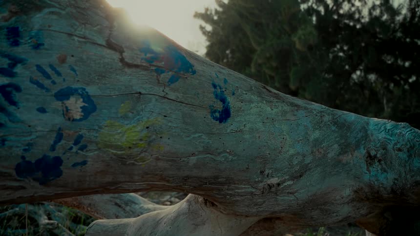 Colorful painted handprints adorn a weathered tree trunk as the golden hour sun flares in the background