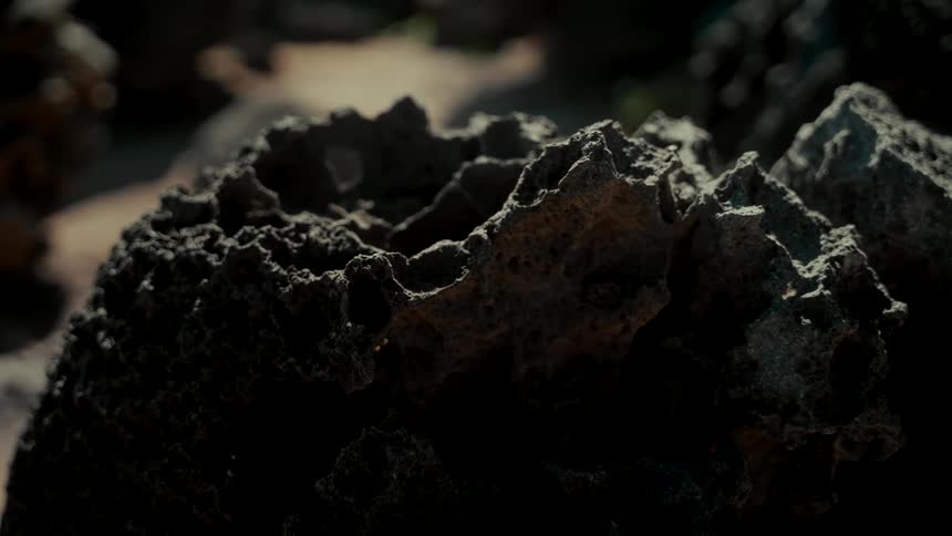 An extreme close-up showcases the intricate, porous texture of a volcanic rock