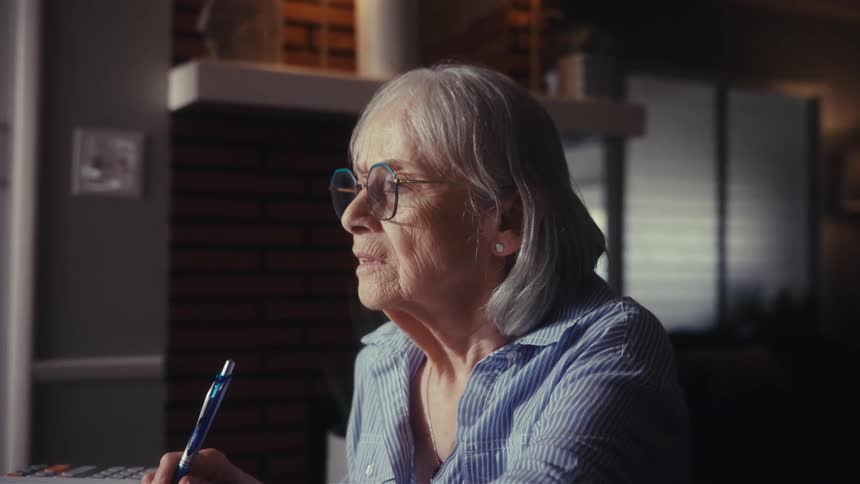 A pensive senior woman with glasses carefully reviews financial paperwork at her dining table, pausing to look thoughtfully out the window