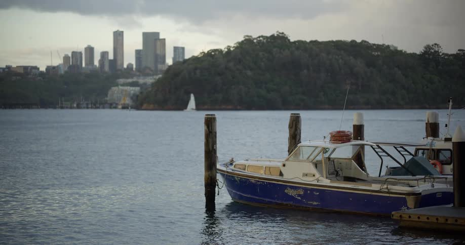A weathered blue boat is docked in a calm harbor with a distant city skyline under an overcast sky