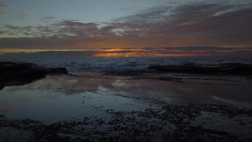 A dramatic sunset over the ocean is reflected in a calm tide pool on a rocky shore as waves crash in slow motion