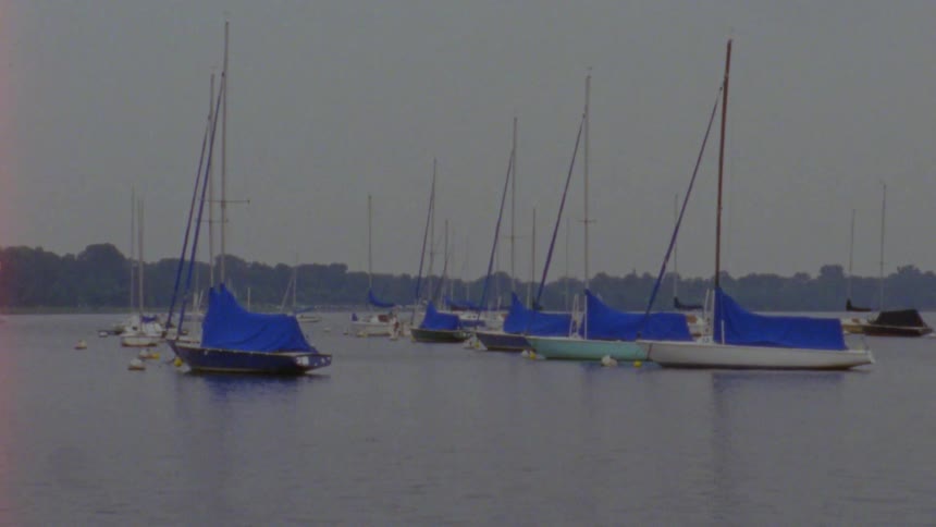 A serene view of sailboats docked in a bay with blue covers on a hazy, calm day