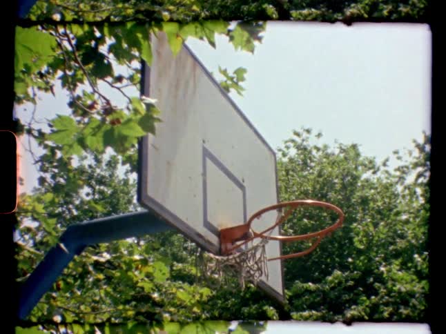 A vintage film shot of a weathered basketball hoop surrounded by green trees on a sunny day