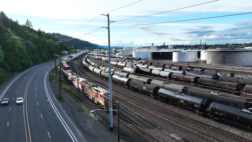 An aerial view shows a freight train moving slowly through a large industrial railyard alongside a highway