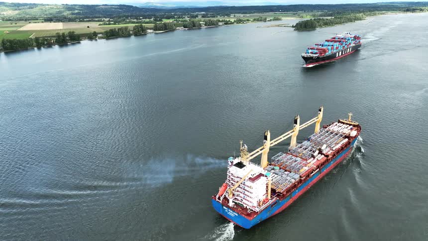 An aerial view shows two massive cargo ships, a car carrier and a container ship, sailing down a wide river through a lush, rural landscape