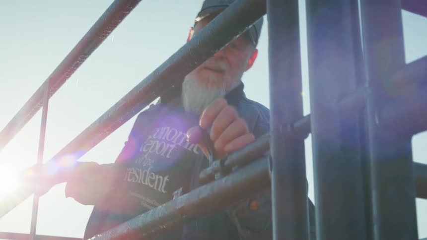 A sun-drenched, low-angle view of an older farmer with a white beard closing a metal gate on a sunny day