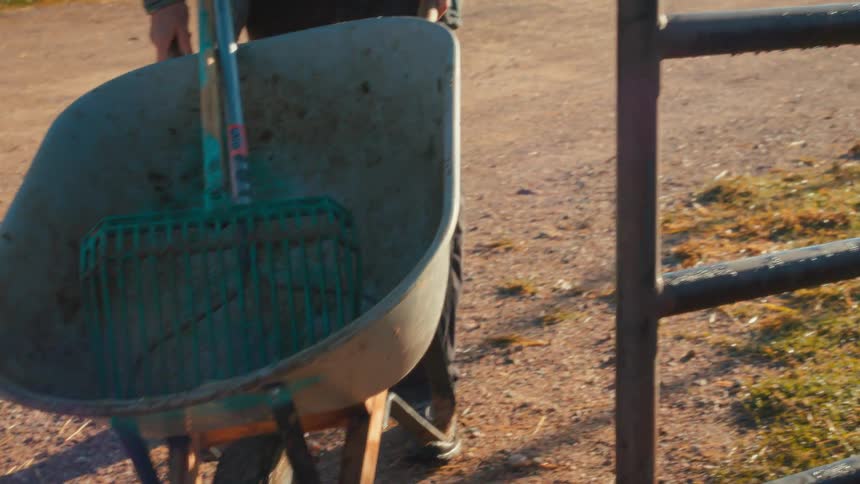 Slow motion shot of an older farmer with a white beard opening a gate and pushing a wheelbarrow with a rake on a sun-drenched day at the ranch