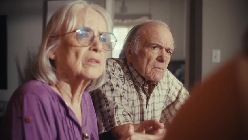 A concerned elderly couple listens intently during a serious conversation, with the camera slowly rack-focusing from the woman to the man