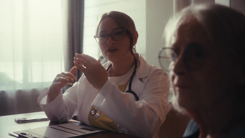 A caring female doctor in a white coat explains a medical condition to her senior patient during a consultation in a sunlit office