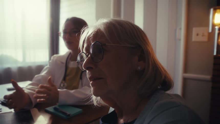 An elderly woman with glasses listens intently as her doctor explains medical results during a home visit