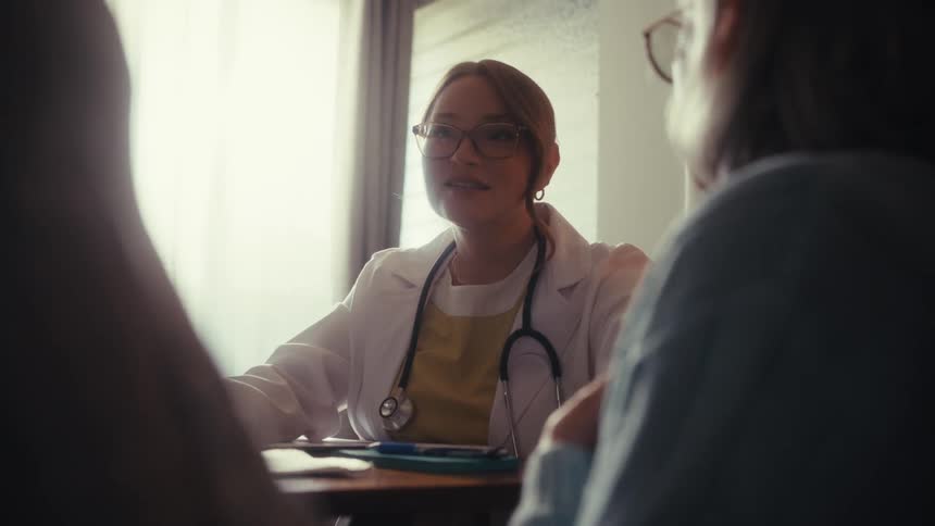 Young female doctor in a lab coat and glasses kindly consults with her patient in a sunlit room