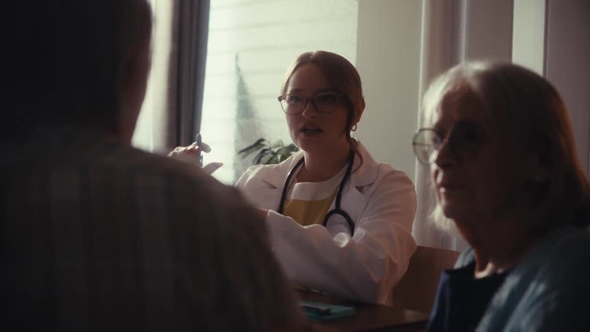A young female doctor consults with an elderly couple, explaining medical information during a house call