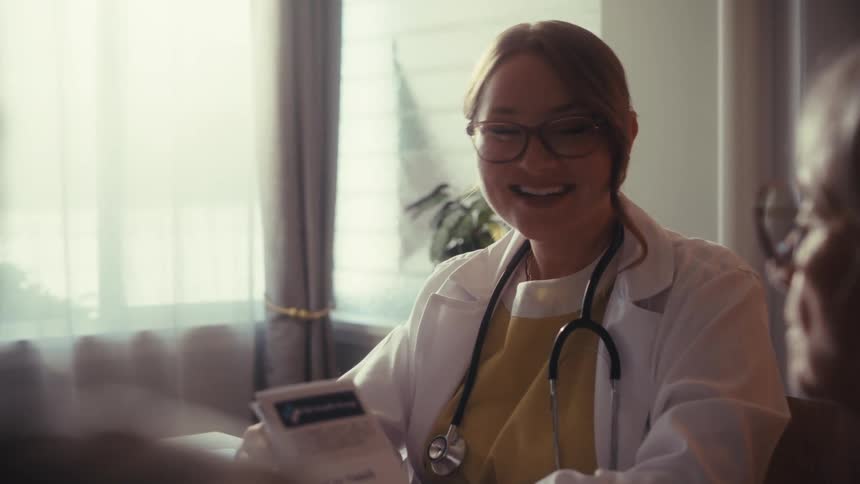 A smiling doctor in a white coat explains a medical plan to her senior patients during a house call