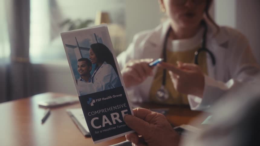 Close-up on a patient's hand holding a 'Comprehensive Care' brochure during a medical consultation with a female doctor