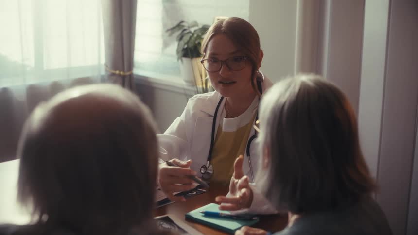 A friendly female doctor in a white coat explains medical information to an elderly couple during a consultation