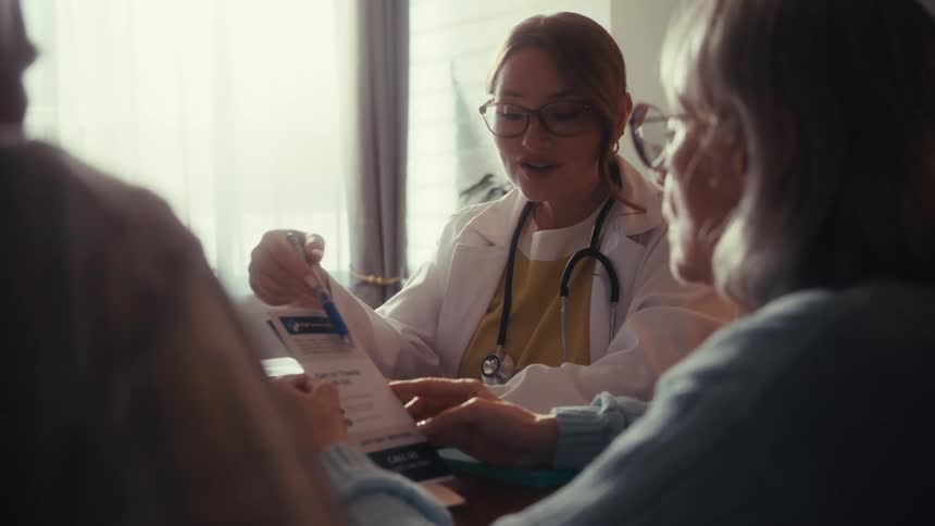 A female physician in a white coat explains medical information on a brochure to a senior couple during an in-home consultation
