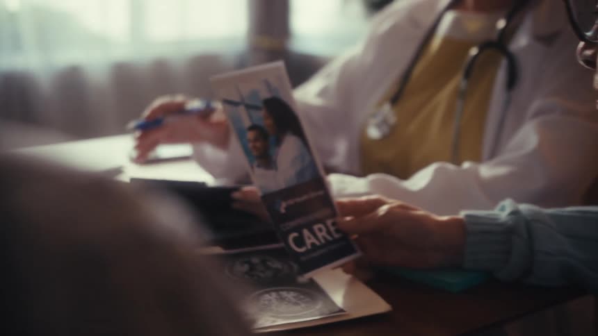 Over-the-shoulder shot of an elderly woman listening to her doctor while holding a healthcare brochure during a serious consultation