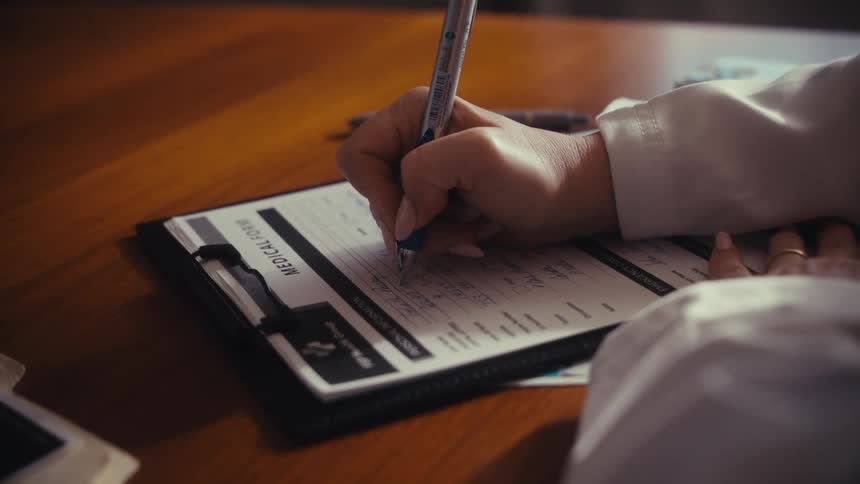 A medical professional in a white coat fills out a patient's medical information on a form attached to a clipboard