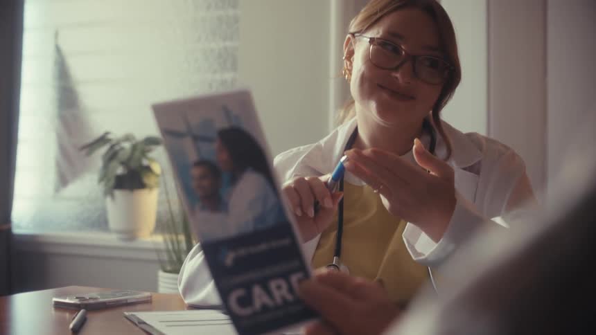 Over-the-shoulder shot of a friendly female doctor in her office explaining comprehensive care to a patient while holding a brochure