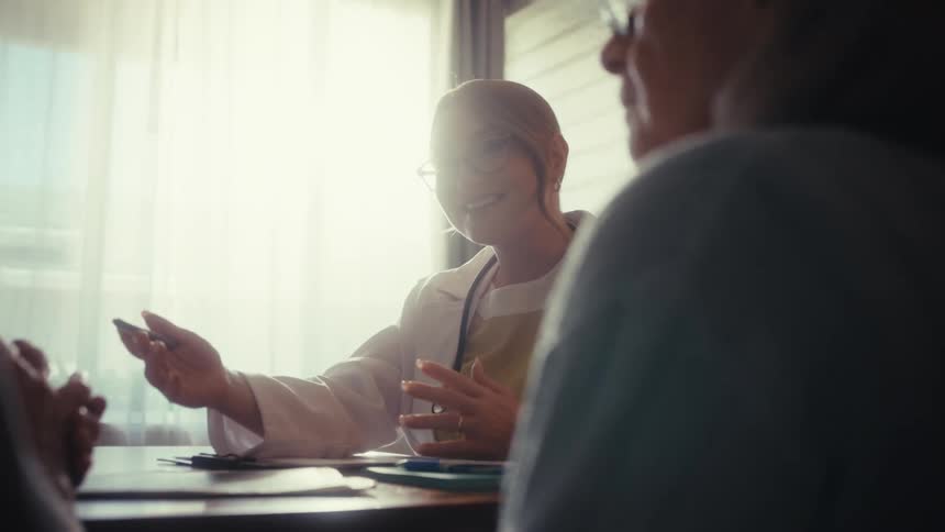 A compassionate female doctor with a stethoscope explains medical results to her patients in a sunlit office