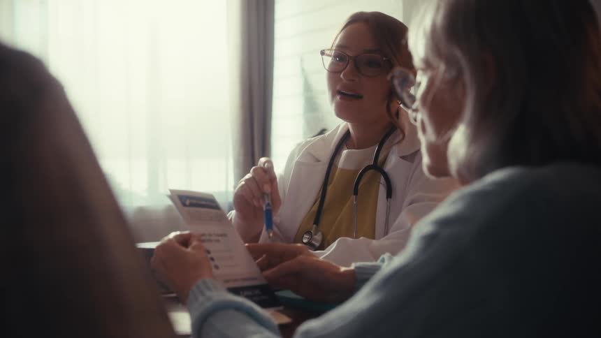 A caring female physician discusses a health plan with an elderly couple, pointing to a pamphlet in a warmly lit room