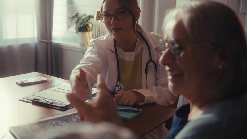 A caring female doctor shakes hands with a senior couple, offering reassurance and positive news during a consultation