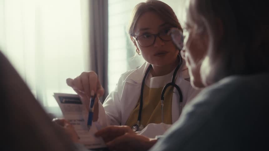 A kind female doctor in a white coat explains a medical procedure to an elderly couple using a brochure during a home consultation