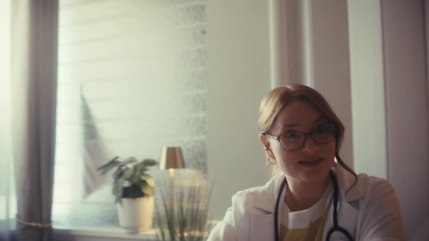 A compassionate female doctor with glasses talks to an elderly couple during a sunlit consultation in her office