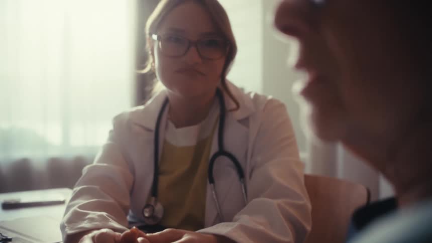 A compassionate female doctor holds an elderly patient's hand, offering comfort and support during a serious consultation