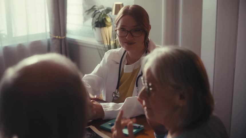 A young female doctor wearing glasses and a lab coat provides a consultation to an elderly couple in her office